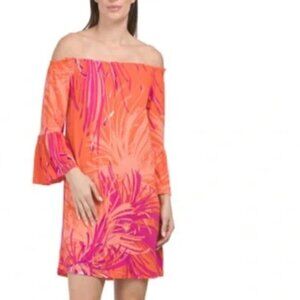 NWT Trina Turk Women’s Off Shoulder Floral Bell Sleeve Dress Orange Purple M
